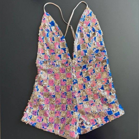 Sequin Halter Romper in Pink and Blue - Picture 1 of 3
